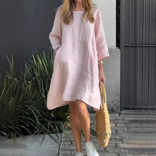 Casual linen dress for women with practical pockets and asymmetrical hem Lune London