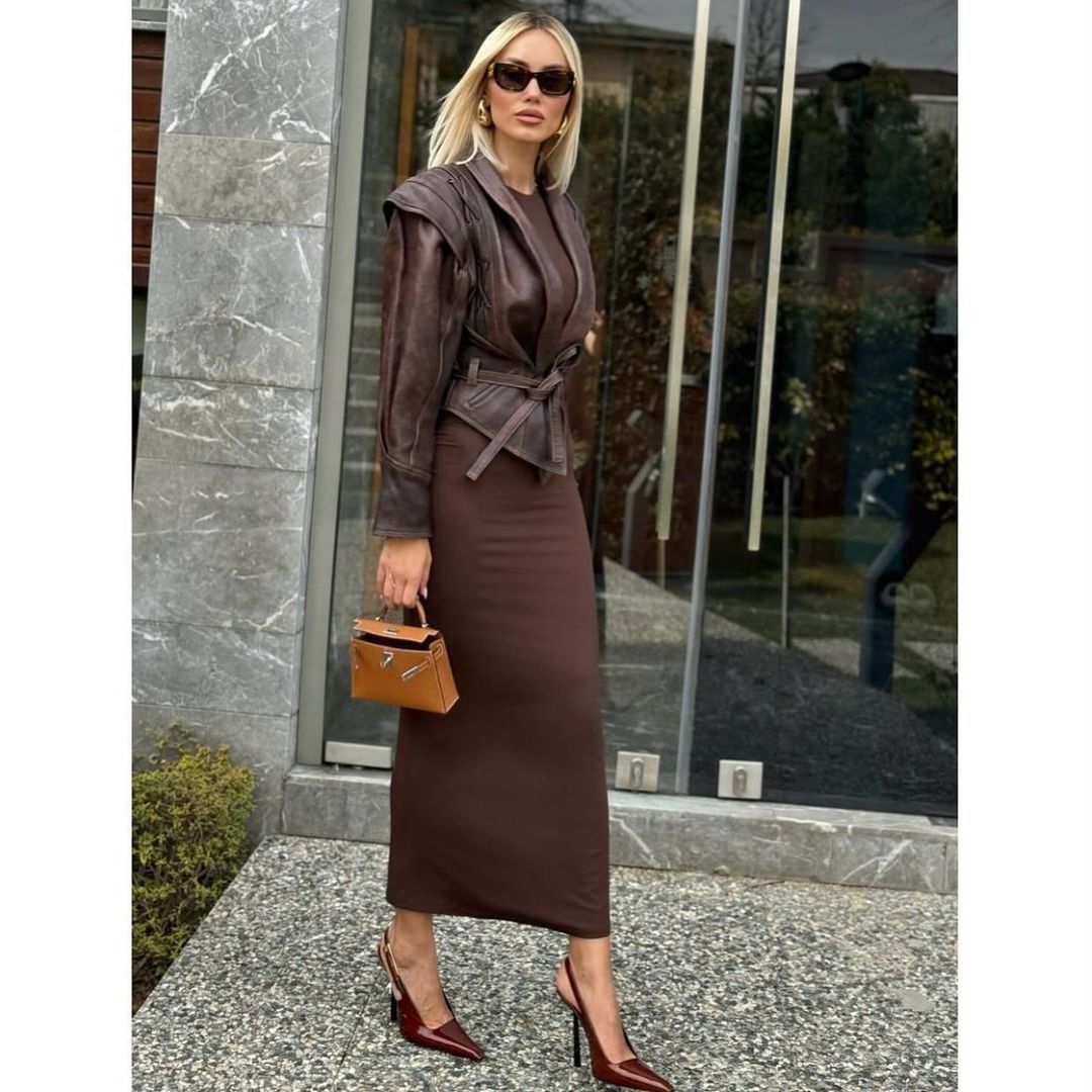 Elegant faux leather jacket for women with drapes and adjustable belt Lune London