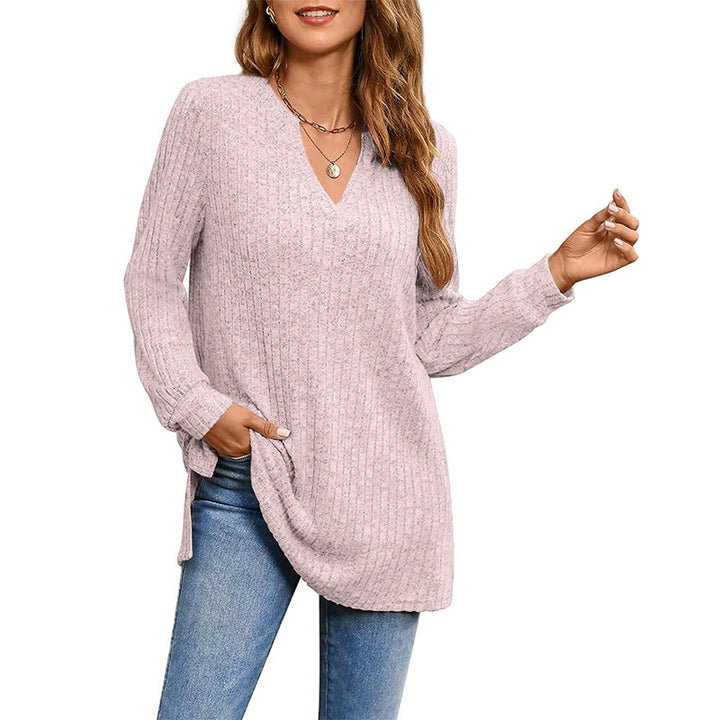 Women Casual Knit Tunic with Side Pockets and V-Neck Lune London