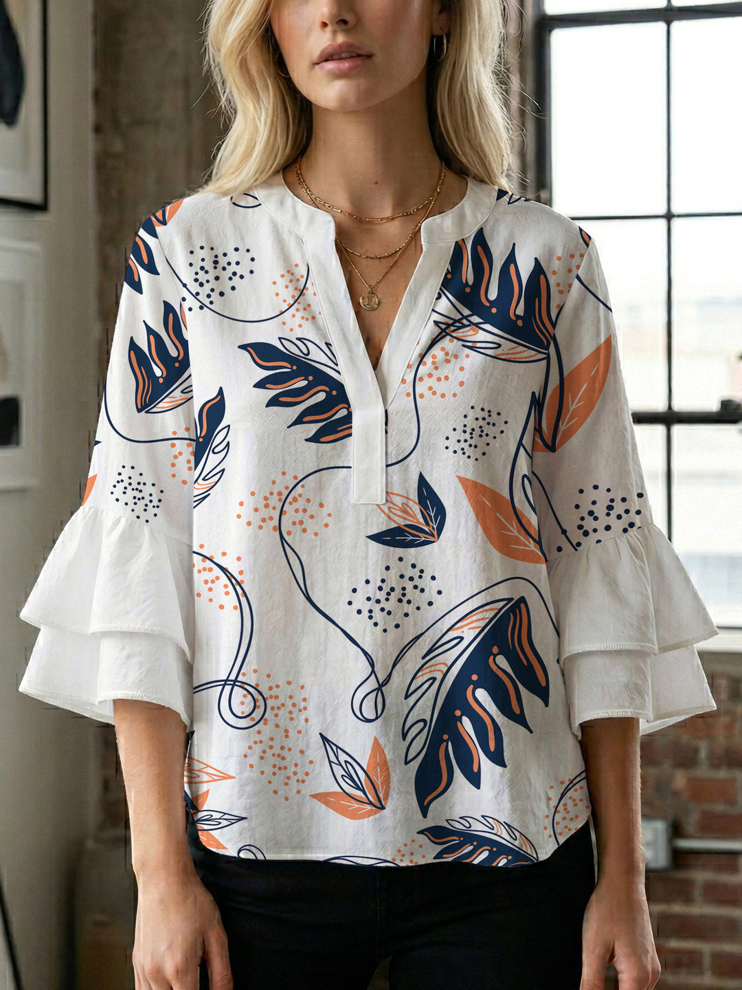 Women Elegant Top with Voluminous Puff Sleeves and Floral Print Lune London
