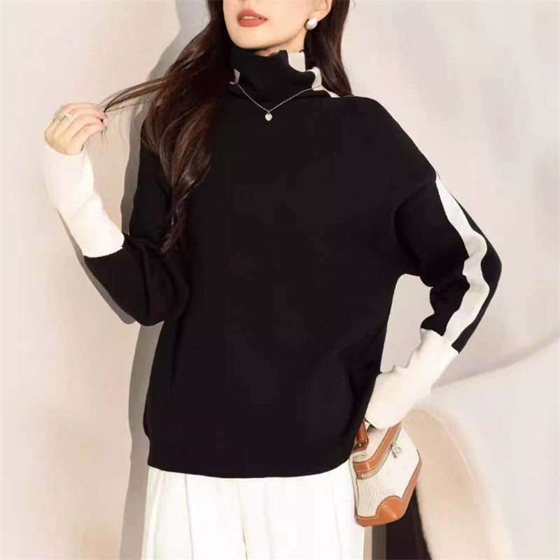 Femme Pull Col Roulé Décontracté avec Manches Contrastées Chic & Stil