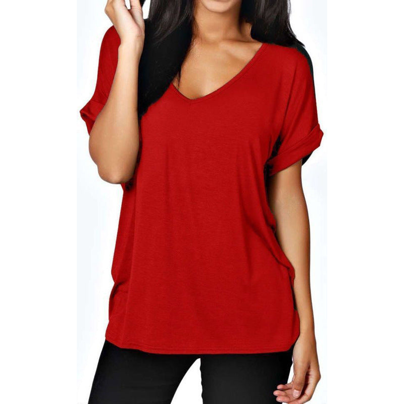 Casual women’s V-neck t-shirt with rolled-up sleeves Lune London