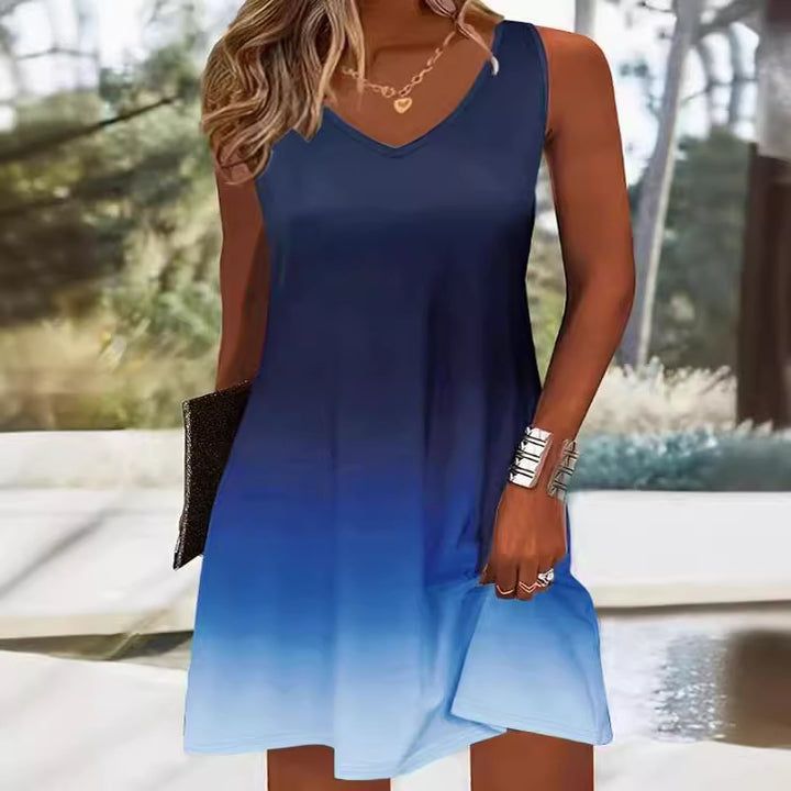 Summer dress with V-neck for ladies featuring a bright gradient of colors and a light, breathable fabric Lune London