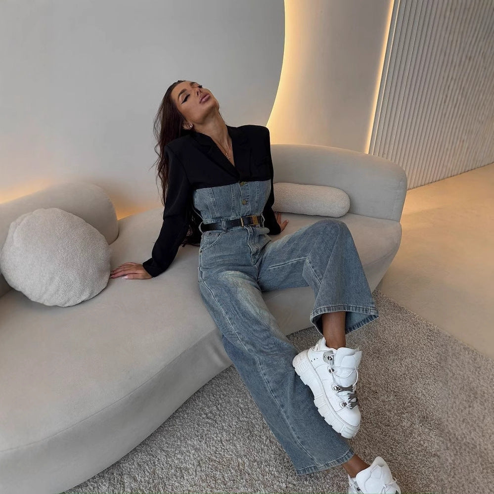 Lady Denim Overall with Contrasting Top and Wide Legs Lune London