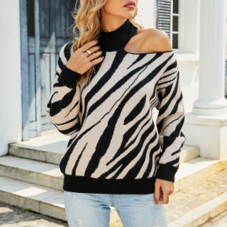 Women's patterned sweater with asymmetrical neckline and ribbed knit Lune London