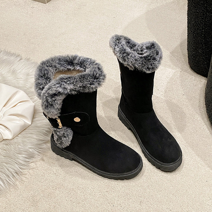 Warm-lined boots for women with a trendy fur collar and a beautiful buckle Lune London