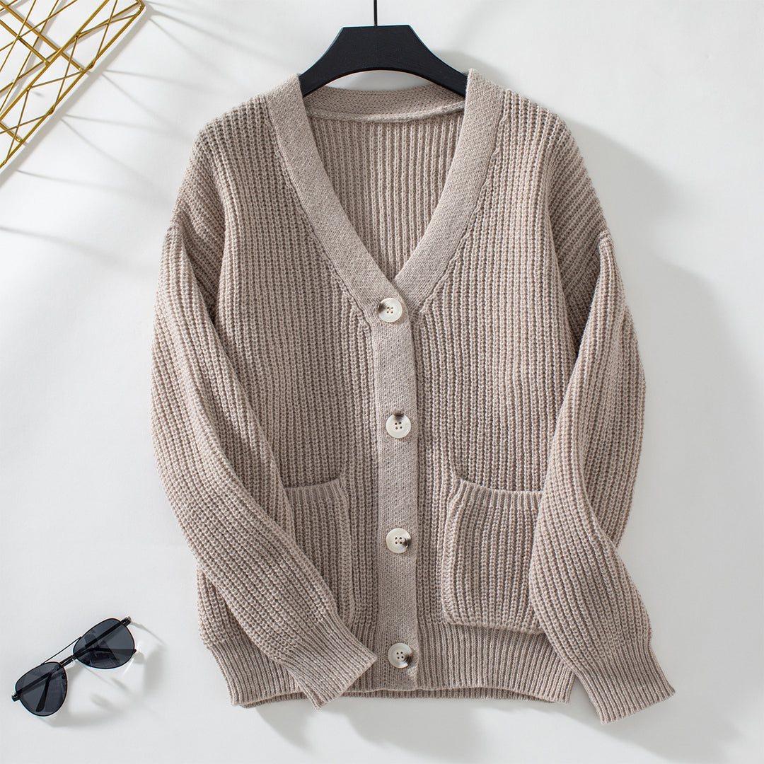 Knit jacket for women with deep V-neck and practical pockets Lune London