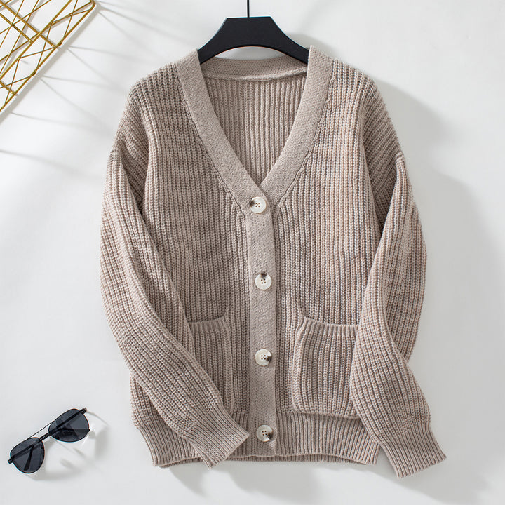 Knit jacket for women with deep V-neck and practical pockets Lune London