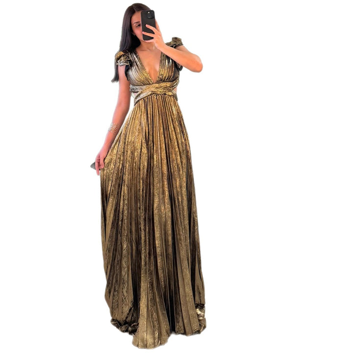 Elegant Women's Maxi Dress with Deep V Neckline and Chic Ruffle Details