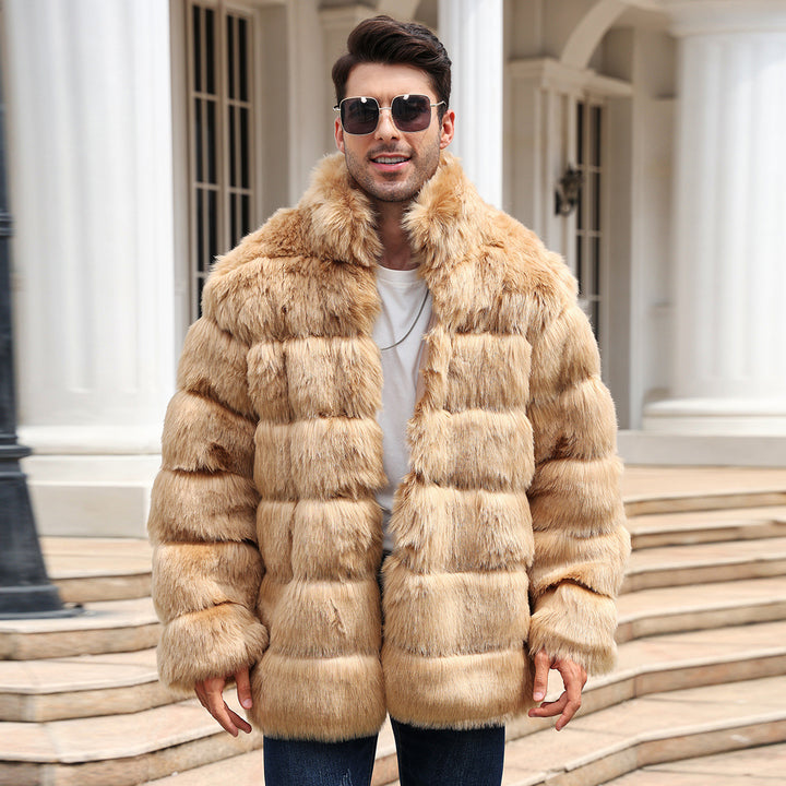 Trendy faux fur jacket for men with high collar and practical pockets Lune London