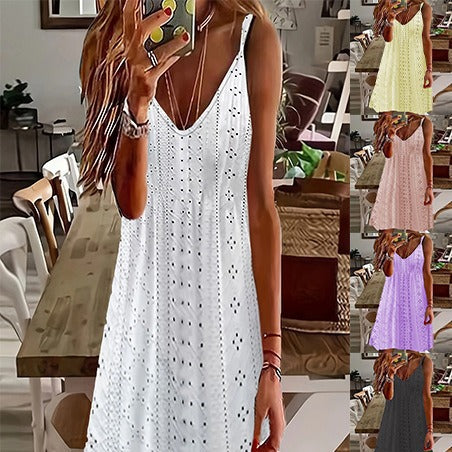 Women’s sleeveless summer dress with decorative cut-out pattern and V-neck Lune London