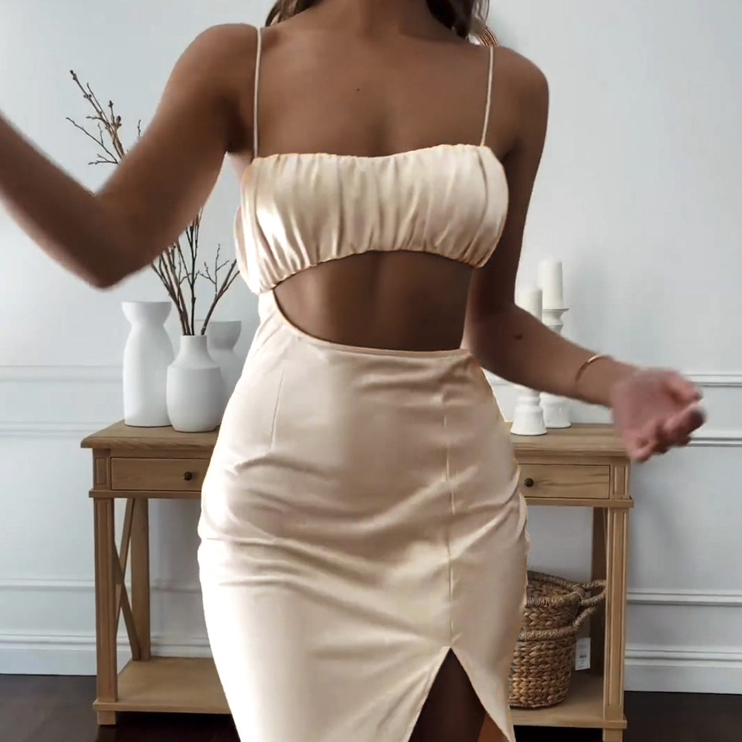 Women Elegant Cut-Out Dress with Thin Spaghetti Straps and Draped Top Lune London