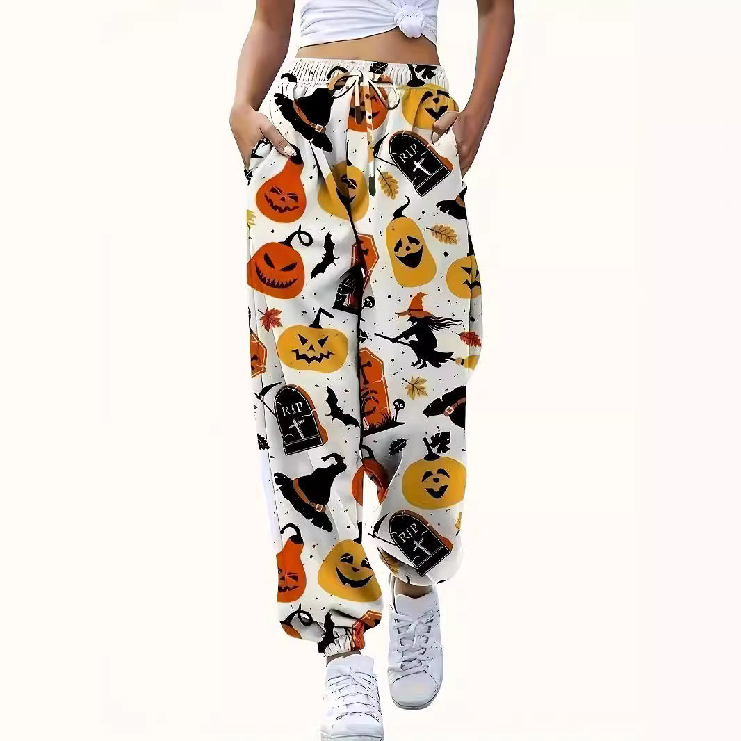 Leisure pants for women with colorful Halloween pattern and elastic waist Lune London