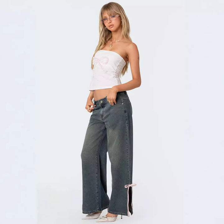 Women's High Waist Denim Pants with Fashionable Bow Details Lune London