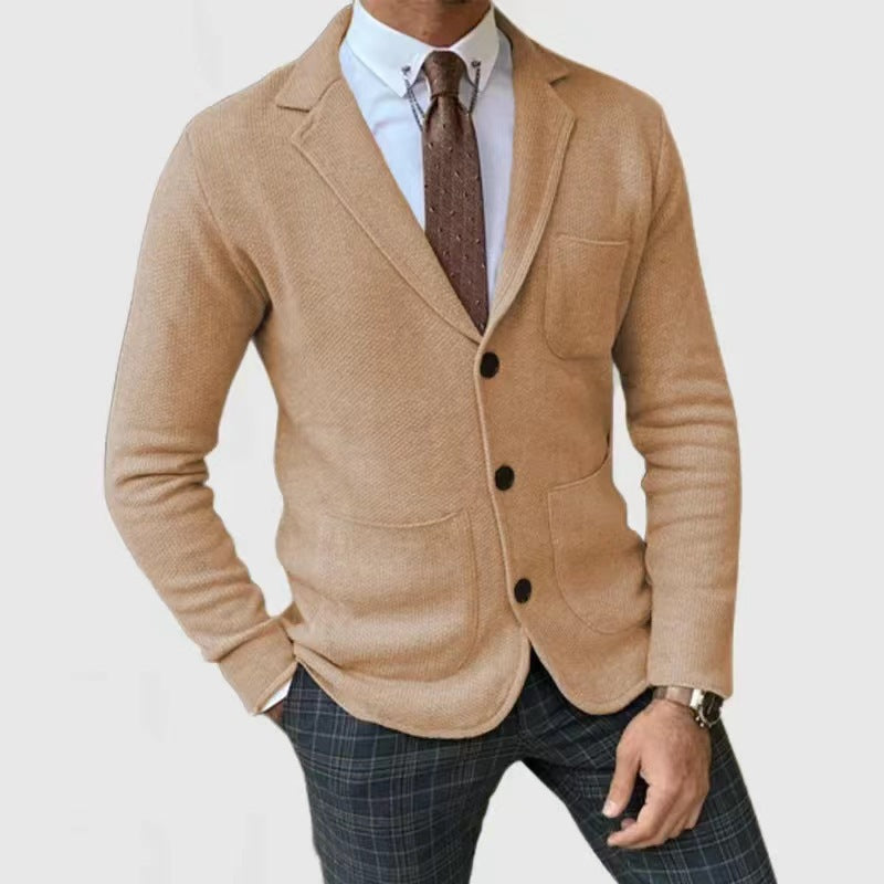 Casual knitted jacket for men with button placket and appliqué pockets Lune London