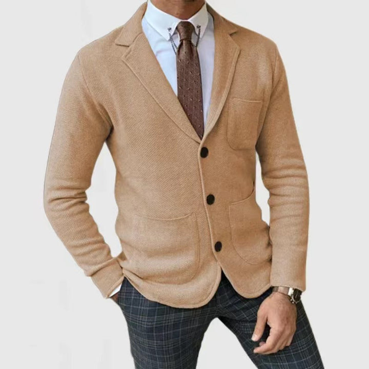 Casual knitted jacket for men with button placket and appliqué pockets Lune London