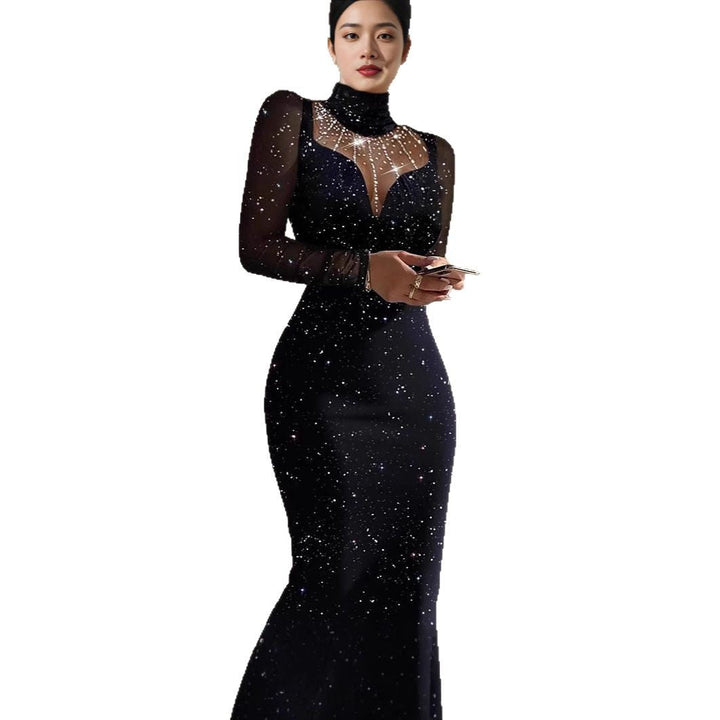 Lune London | Ladies Elegant Evening Dress with Transparent Sleeves and Shimmering Star Pattern