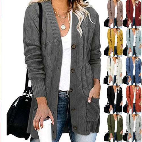Rough knit cardigan for women with button details and practical pockets Lune London