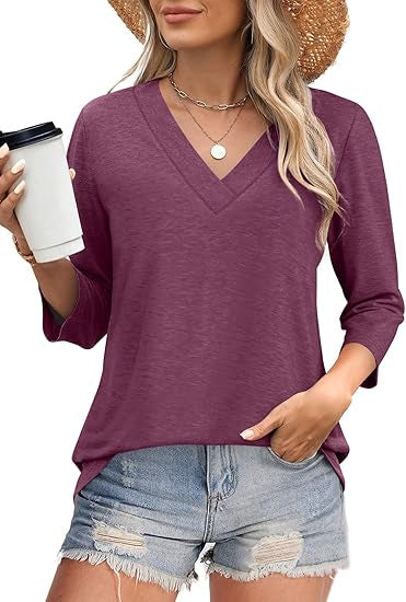 Women's V-Neck Top with Three-Quarter Sleeves and Side Slits Lune London