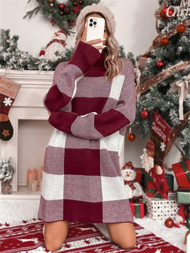 Women's knitted dress with high collar and checkered pattern Lune London