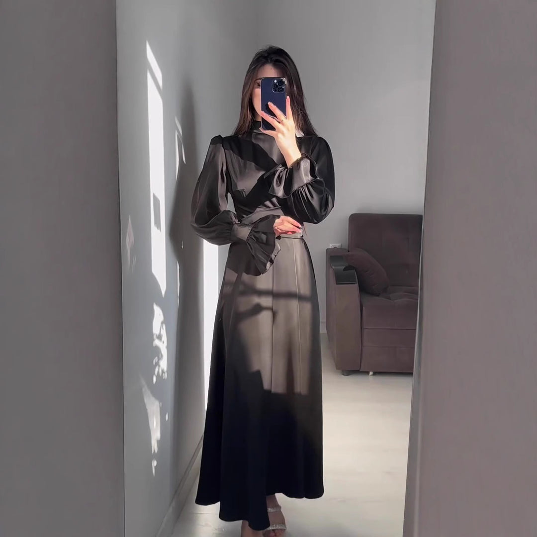 Women Elegant Maxi Dress with Voluminous Puff Sleeves and High-Quality Satin Surface Lune London
