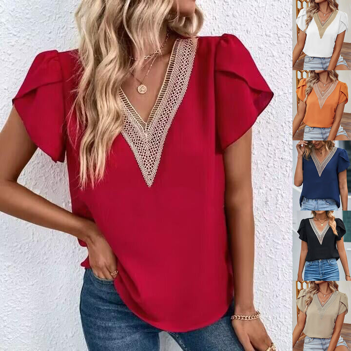 Elegant short-sleeve blouse for women with V-neck embellishment Lune London