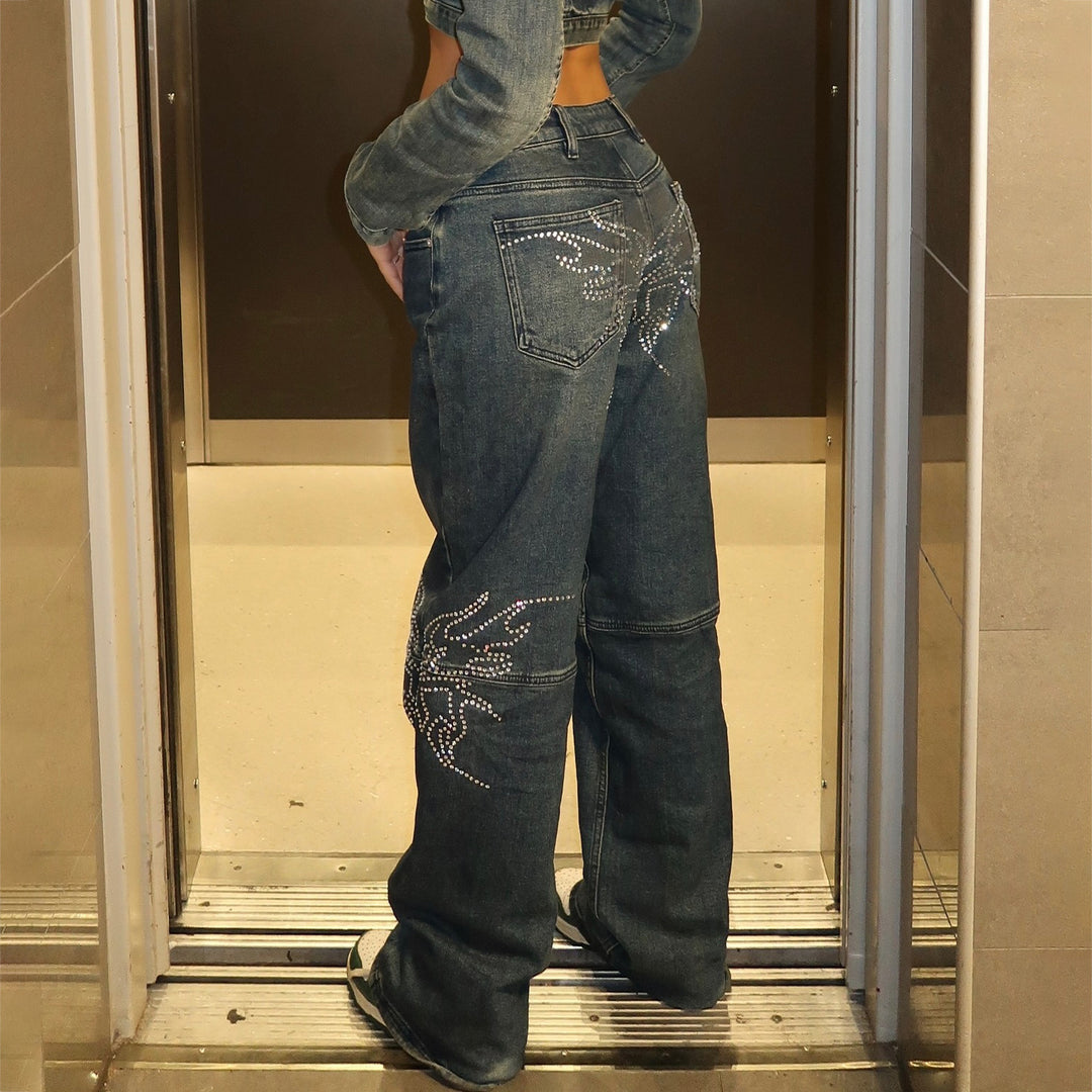 Women's denim pants with unique rhinestone applications Lune London