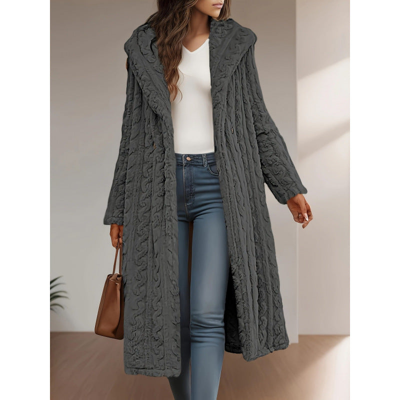 Ladies Long Knit Coat with High Collar and Fluffy Texture Lune London
