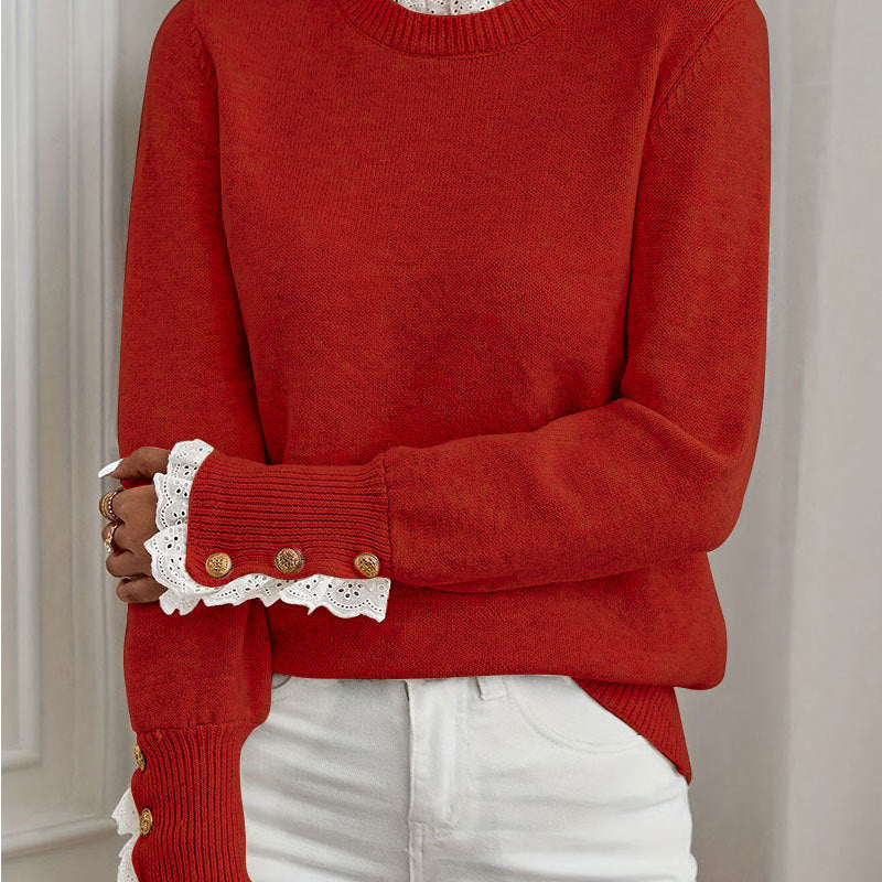 Pull en tricot pour femme avec des détails de volants élégants et une décoration de boutons Chic & Stil