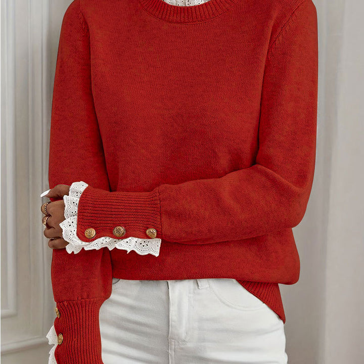 Pull en tricot pour femme avec des détails de volants élégants et une décoration de boutons Chic & Stil