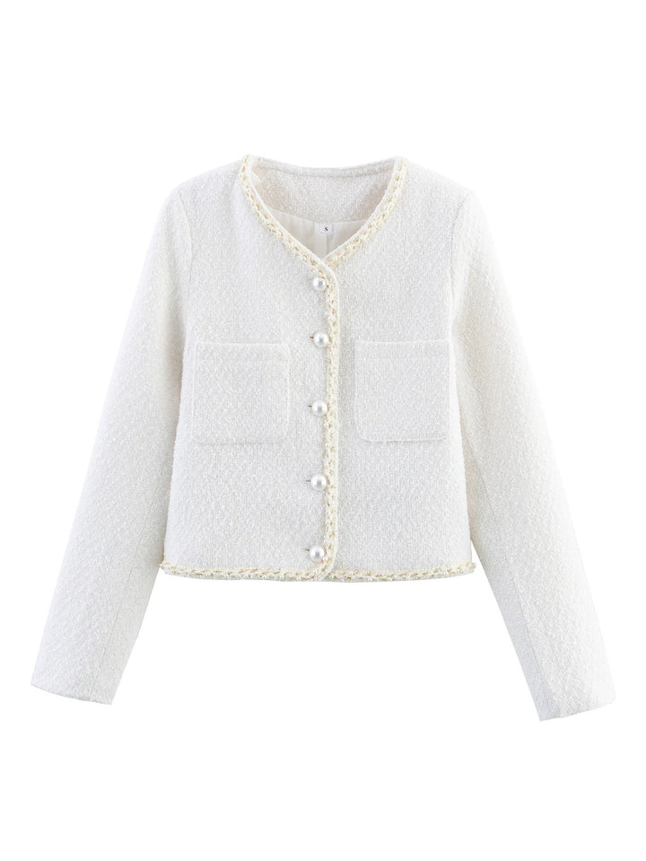 Elegant short-sleeve women's jacket with pearl-adorned buttons and patch pockets Lune London