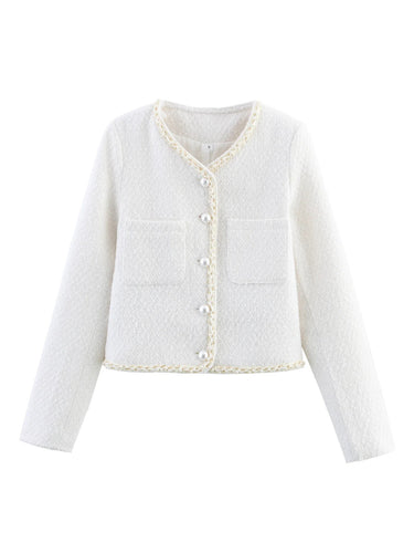 Elegant short-sleeve women's jacket with pearl-adorned buttons and patch pockets Lune London