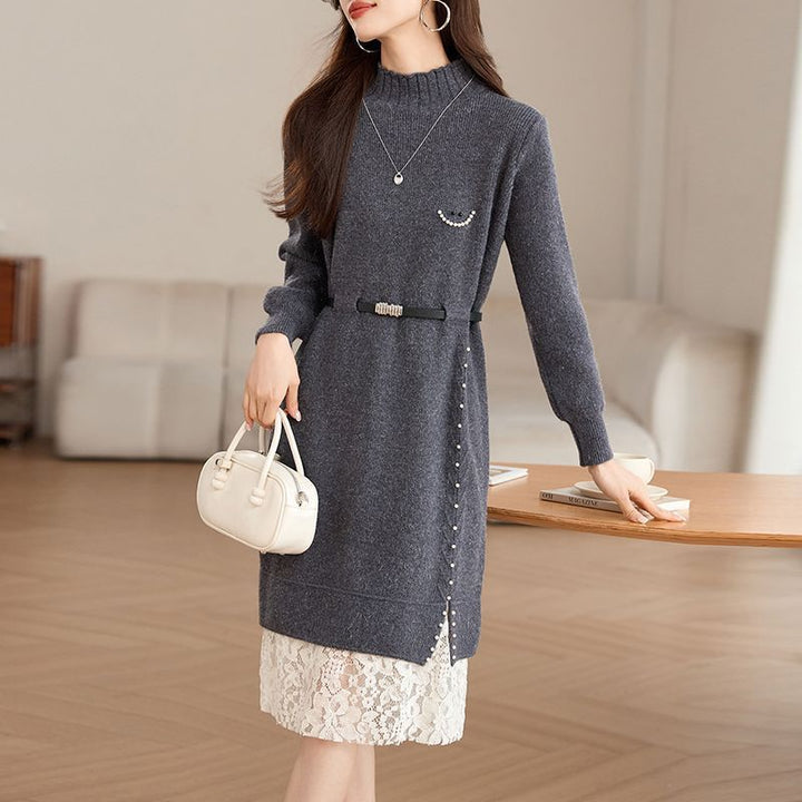 Robe tricotée femme avec des détails en perles à la mode et une ceinture élégante Chic & Stil