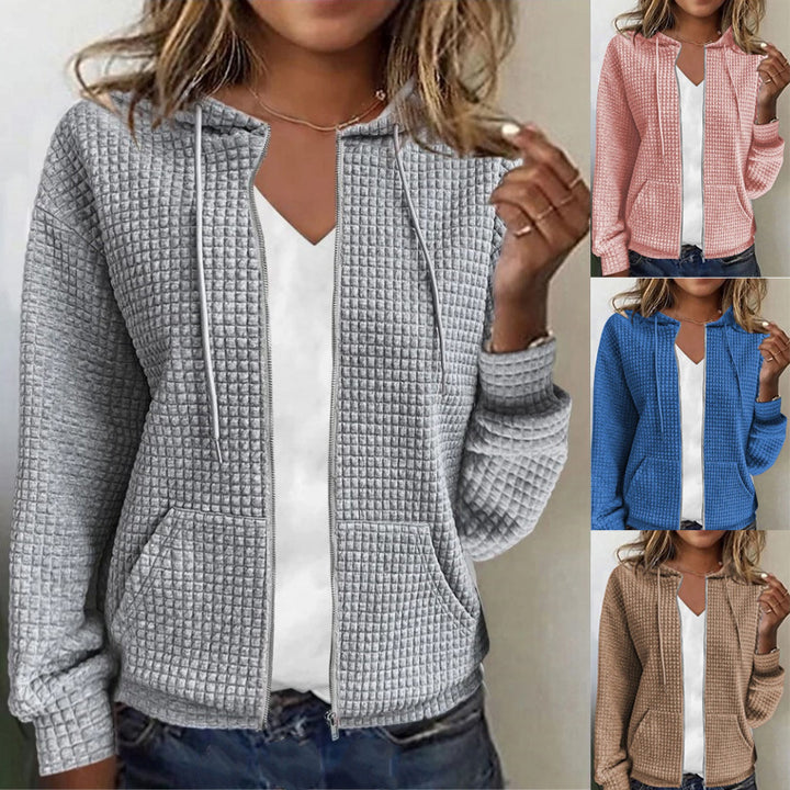 Ladies hooded jacket in textured fabric with pockets and zipper Lune London