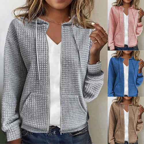 Ladies hooded jacket in textured fabric with pockets and zipper Lune London