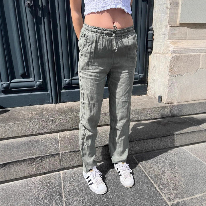 Loose linen pants for women with elastic waistband and side pockets Lune London