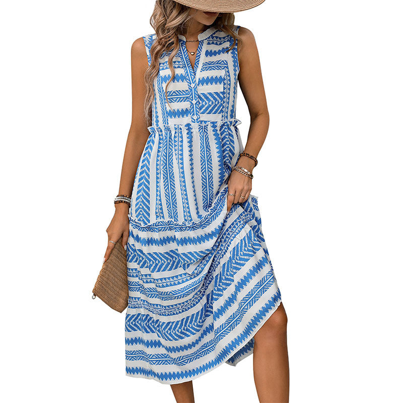 Elegant sleeveless mid-length dress for women with geometric print and button details Lune London