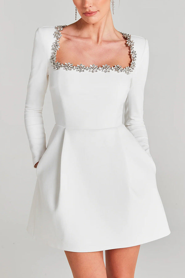 Women Elegant Velvet Dress with Floral Applications and Boat Neck Lune London