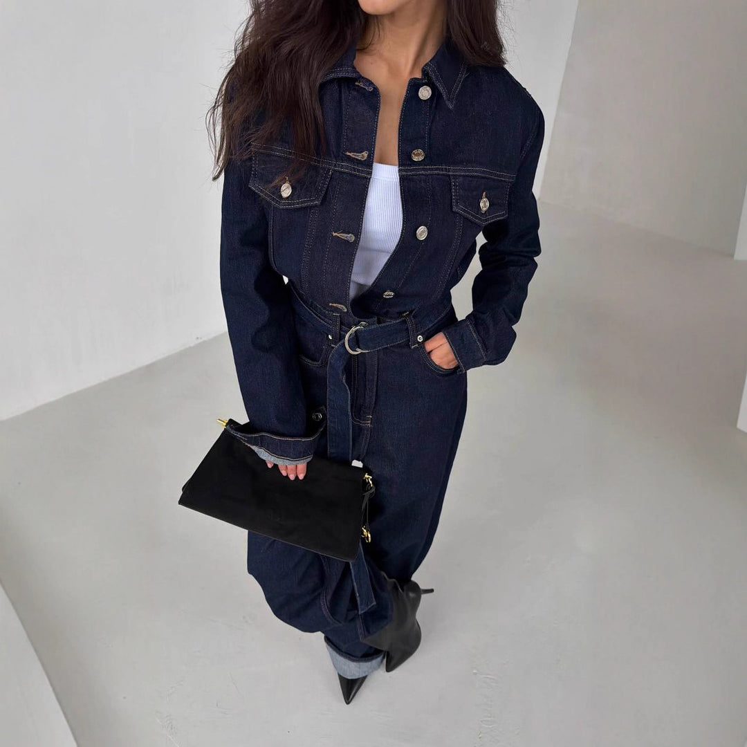 Robe en jean à manches longues pour femmes avec une coupe cintrée et une ceinture amovible Chic & Stil