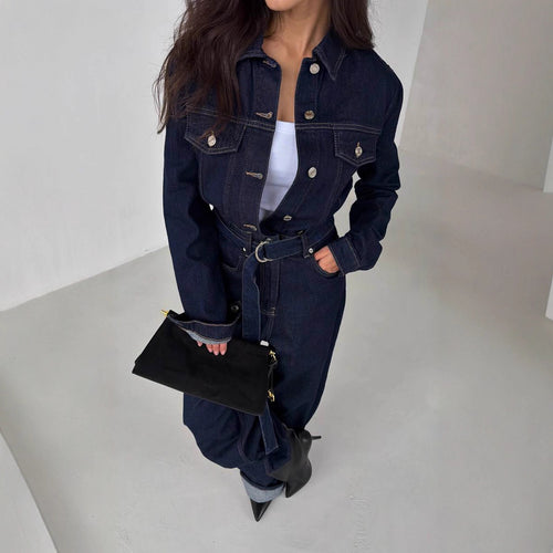Robe en jean à manches longues pour femmes avec une coupe cintrée et une ceinture amovible Chic & Stil
