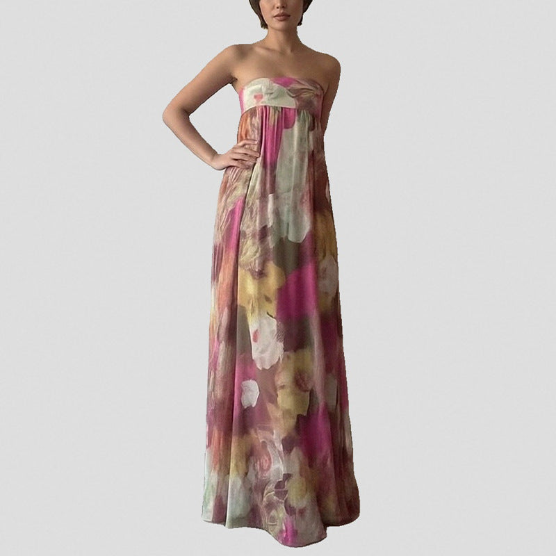 Robe longue de plage pour femmes avec design à épaules dénudées et motif floral Chic & Stil