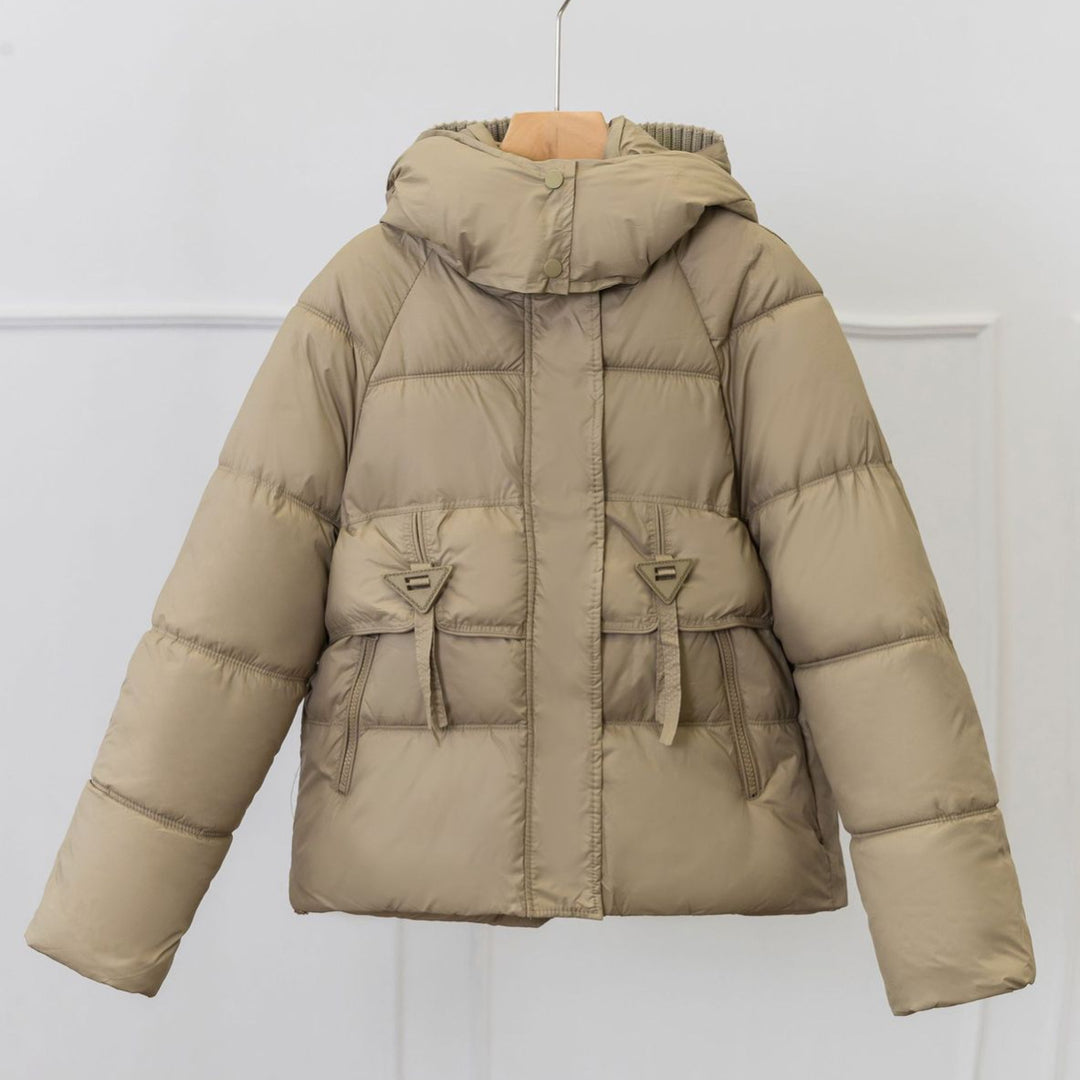 Ladies ultralight puffer jacket with adjustable hood collar and practical zip pockets Lune London
