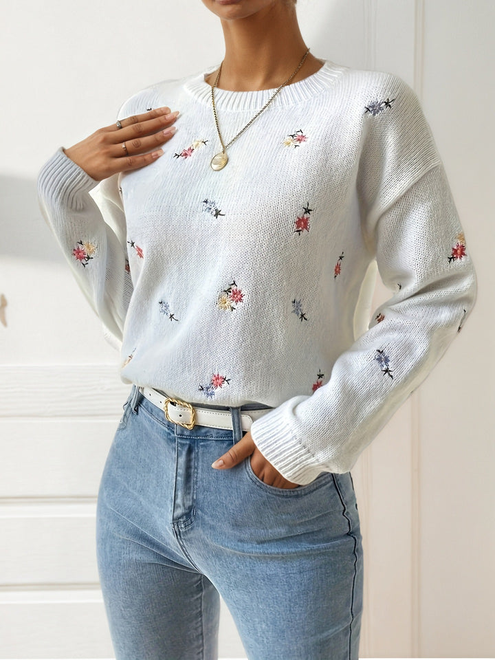 Knit sweater for women with floral embroidery details and a relaxed fit Lune London