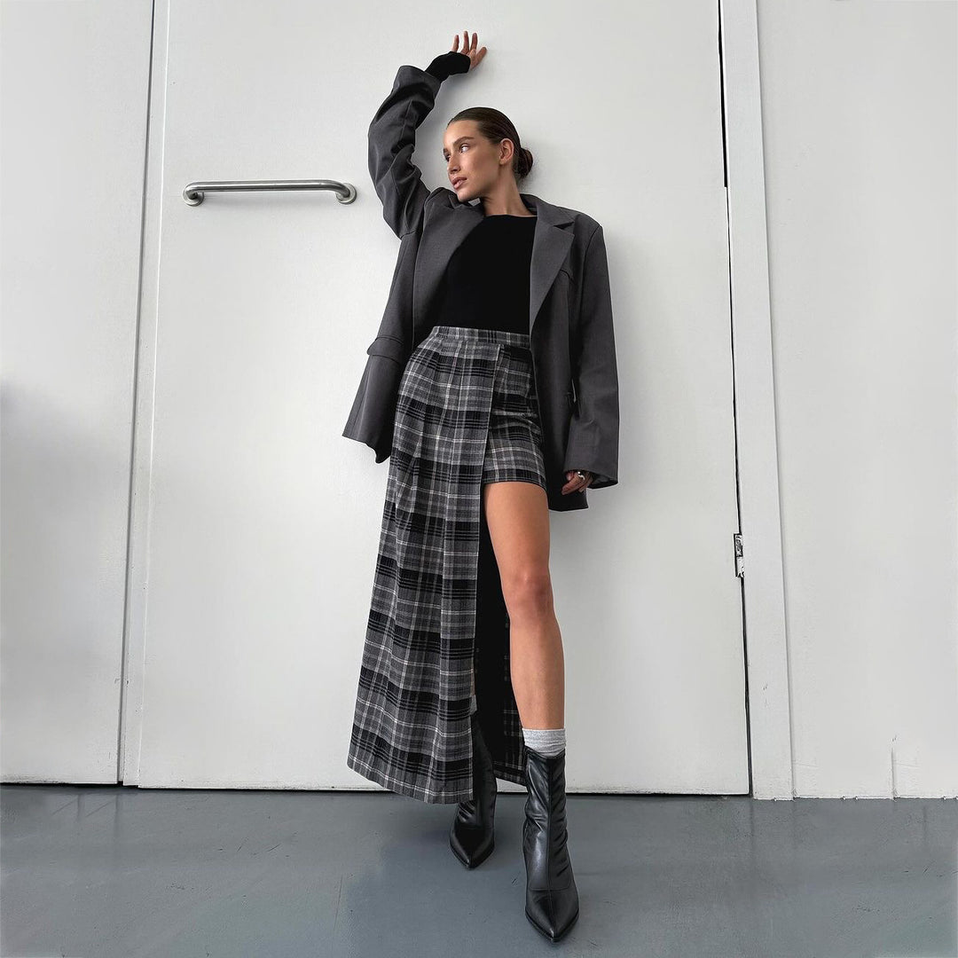 Blazer jacket for women with asymmetrical skirt combination and graphic check pattern Lune London