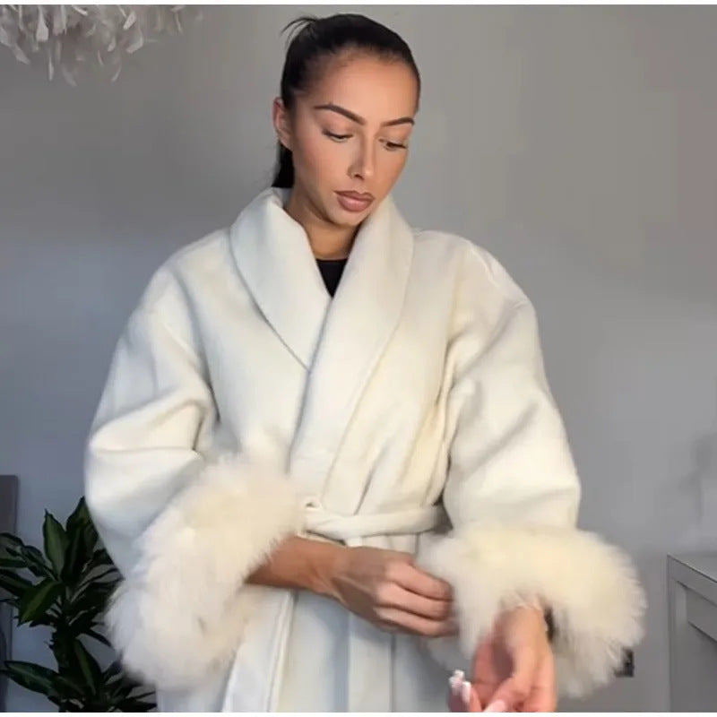 Ladies Elegant tie jacket with faux fur sleeves Lune London