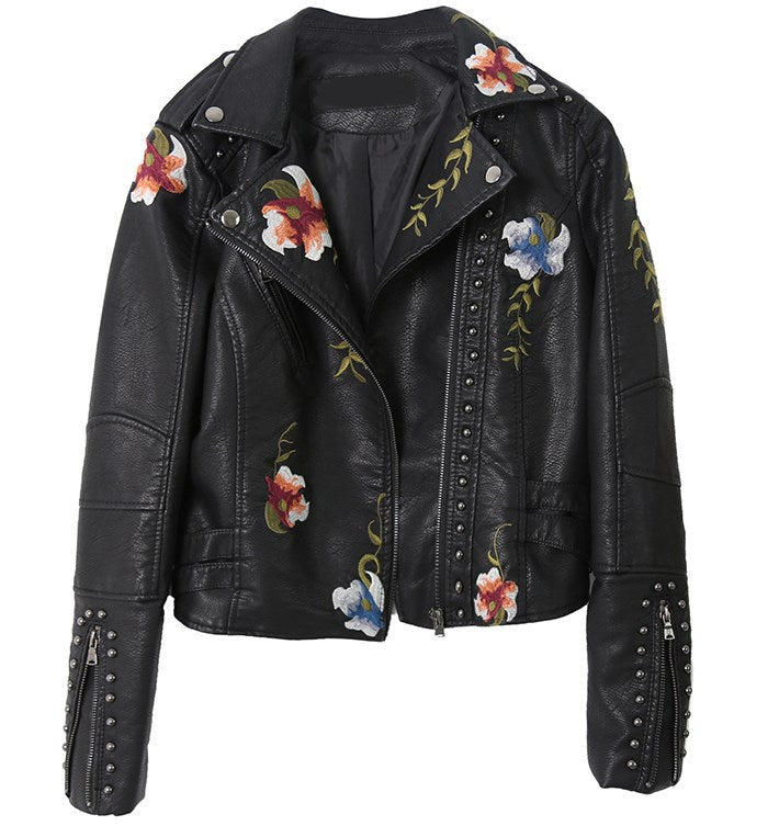Ladies elegant biker jacket with floral embroidery and studs Lune London