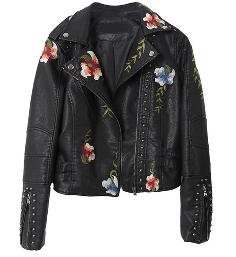 Ladies elegant biker jacket with floral embroidery and studs Lune London