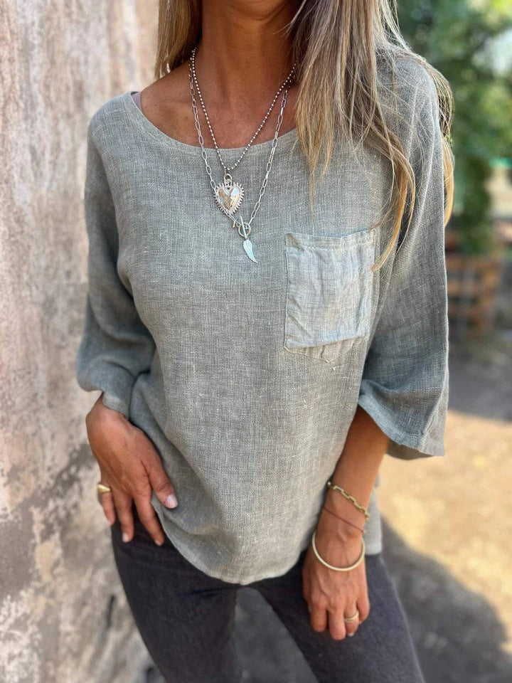 Ladies casual linen top with loose fit and chest pocket Lune London