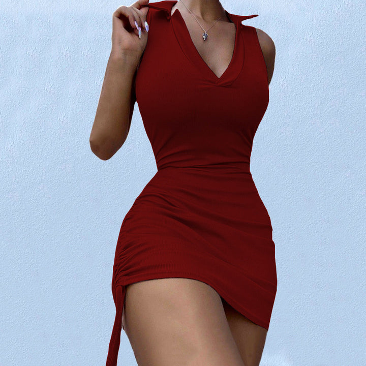 Fitted mini dress for women with a deep V neckline and gathers Lune London