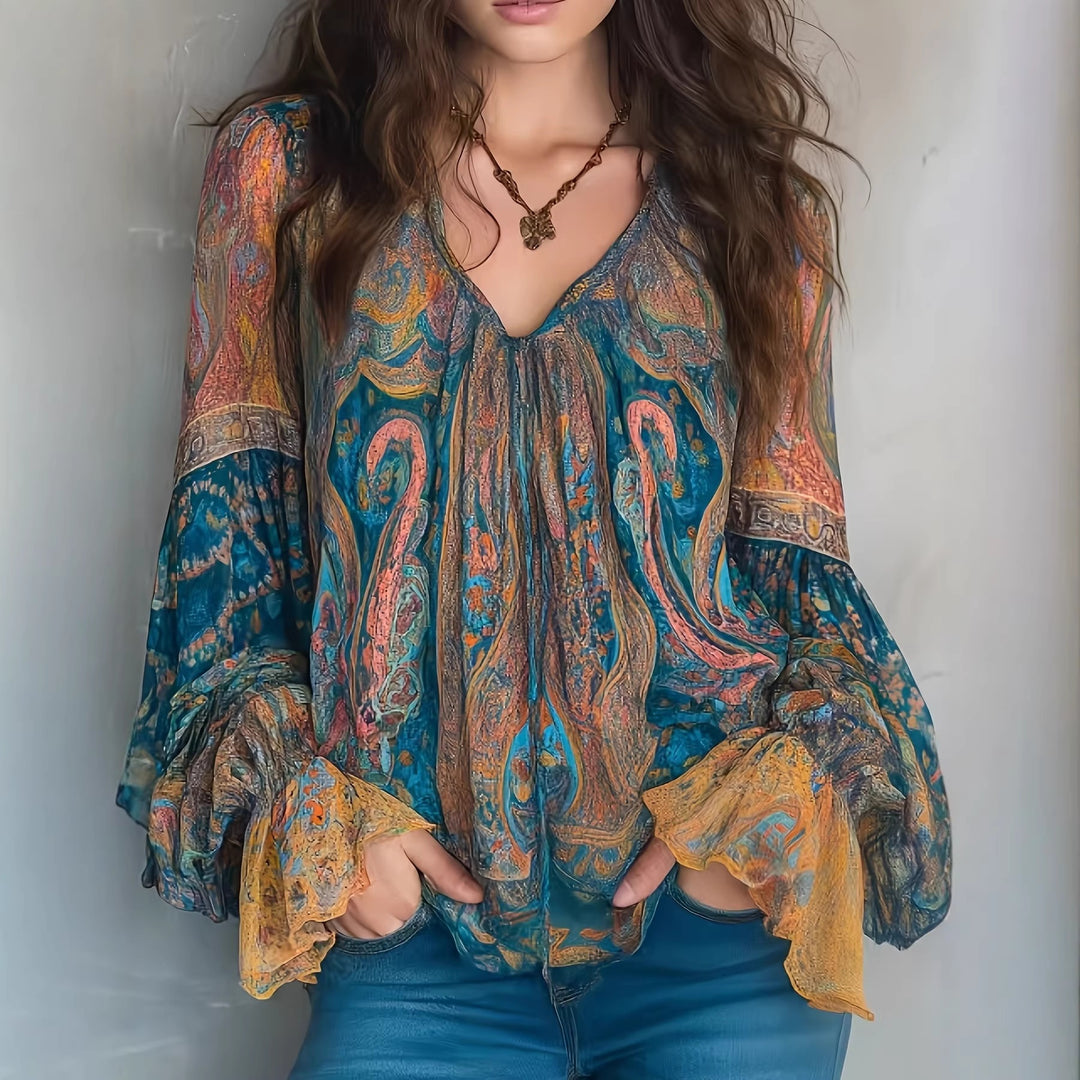 Women’s Boho-Chic Blouse with Flamed Sleeves and V-Neck Lune London